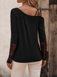 SHEIN LUNE Áo thun nữ Tương phản ren màu trơn Thanh lịch - màu đen - Xem 2