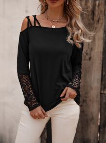 SHEIN LUNE Áo thun nữ Tương phản ren màu trơn Thanh lịch - màu đen - Xem 3