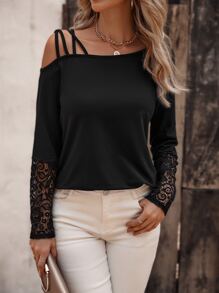 SHEIN LUNE Áo thun nữ Tương phản ren màu trơn Thanh lịch - màu đen - Xem 5