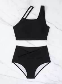 SHEIN Swim Plain Asymmetrical Cut-Out Summer Beach Bikini Set - Black - View 4