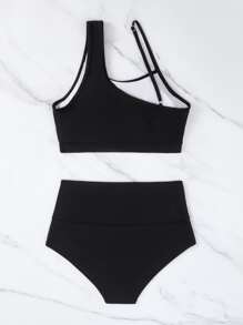 SHEIN Swim Plain Asymmetrical Cut-Out Summer Beach Bikini Set - Black - View 6