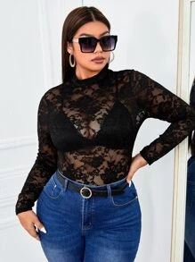 SHEIN SXY Plus Mock Neck Lace Top Without Bra - Black - View 1