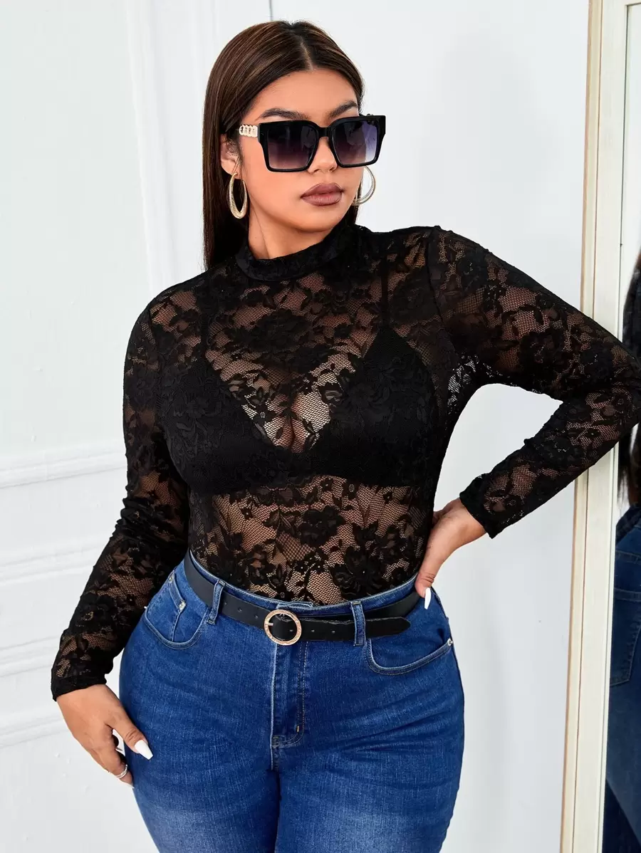 SHEIN SXY Plus Mock Neck Lace Top Without Bra - Black - View 1