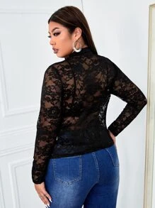 SHEIN SXY Plus Mock Neck Lace Top Without Bra - Black - View 2