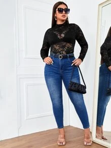 SHEIN SXY Plus Mock Neck Lace Top Without Bra - Black - View 3