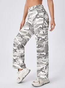 SHEIN PETITE Camo Print Flap Pocket Cargo Jeans - Multicolor - View 3