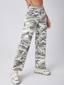 SHEIN PETITE Camo Print Flap Pocket Cargo Jeans - Multicolor - View 4