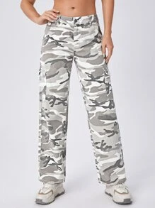 SHEIN PETITE Camo Print Flap Pocket Cargo Jeans - Multicolor - View 6
