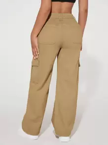 SHEIN PETITE 高腰翻蓋口袋工裝牛仔褲 - 卡其色 - 查看 2