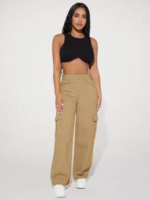 SHEIN PETITE 高腰翻蓋口袋工裝牛仔褲 - 卡其色 - 查看 4