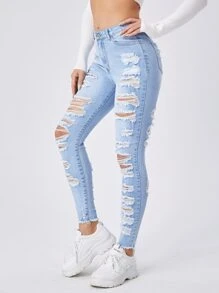 SHEIN Essnce Ladder Distressed Raw Trim Skinny Jeans - Light Wash - View 1
