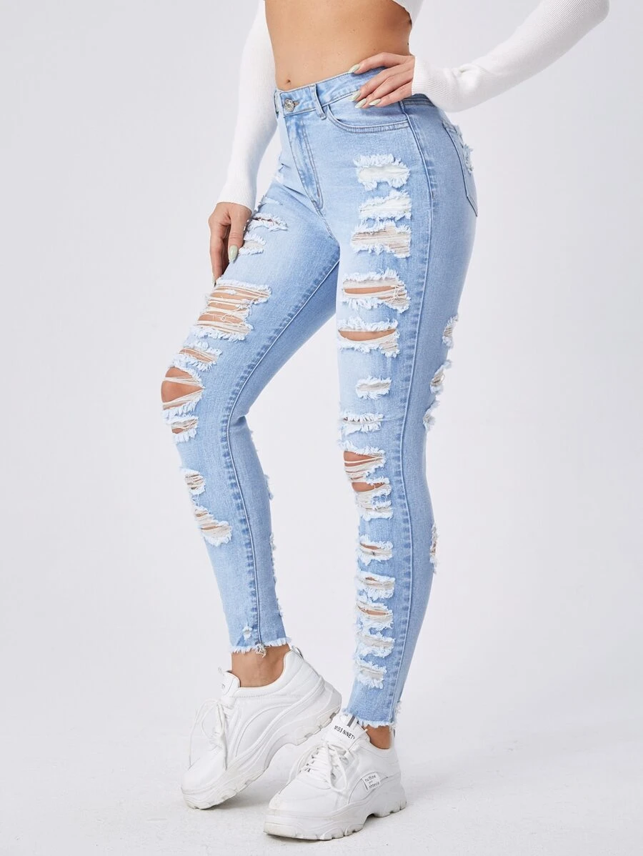 SHEIN Essnce Ladder Distressed Raw Trim Skinny Jeans - Light Wash - View 1