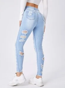 SHEIN Essnce Ladder Distressed Raw Trim Skinny Jeans - Light Wash - View 2