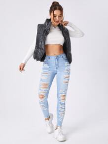 SHEIN Essnce Ladder Distressed Raw Trim Skinny Jeans - Light Wash - View 6