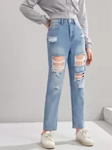 SHEIN Chicas adolescentes Jeans desgarro - Lavado ligero - Ver 4