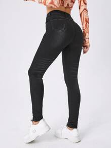 SHEIN Essnce 拉鏈門襟高腰緊身牛仔褲 - 黑色 - 查看 2