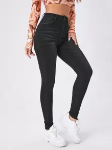 SHEIN Essnce 拉鏈門襟高腰緊身牛仔褲 - 黑色 - 查看 4