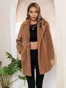 RELISH NOLESS Abrigo teddy unicolor de cuello con solapa - Camel - Ver 3