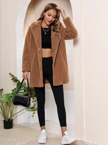 RELISH NOLESS Abrigo teddy unicolor de cuello con solapa - Camel - Ver 4