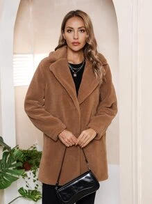 RELISH NOLESS Abrigo teddy unicolor de cuello con solapa - Camel - Ver 6