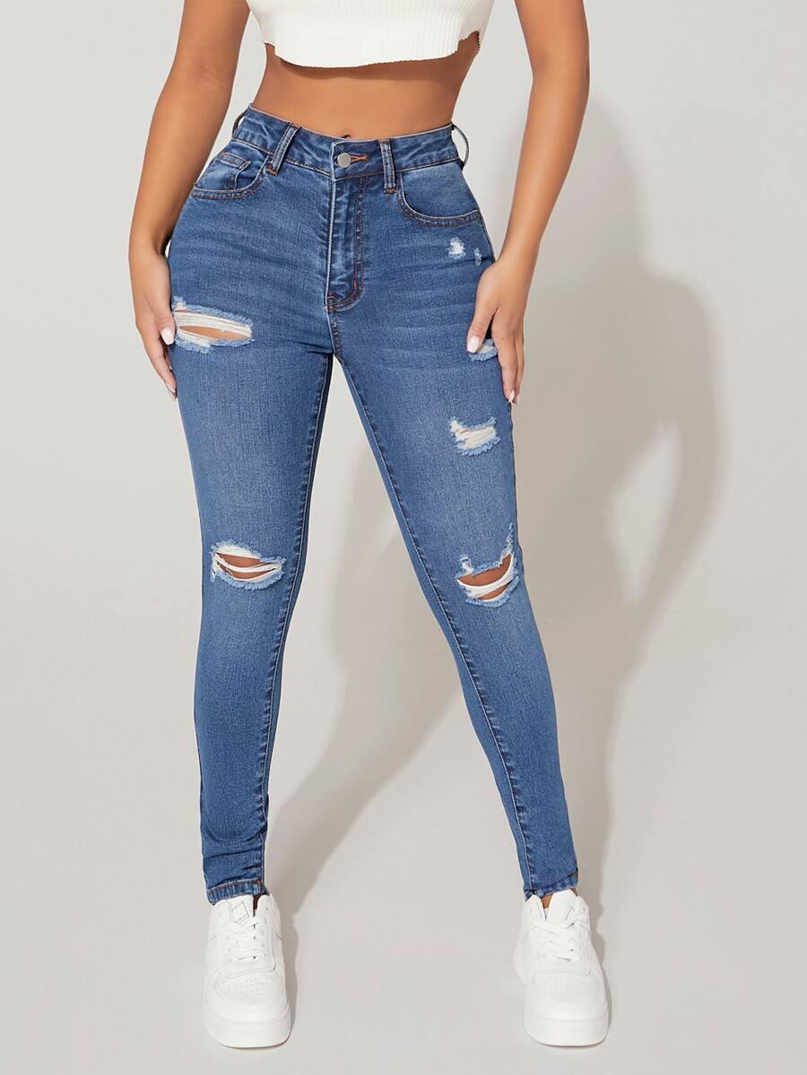 SHEIN PETITE Ripped Frayed Skinny Jeans - Medium Wash - View 1
