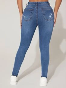 SHEIN PETITE Ripped Frayed Skinny Jeans - Medium Wash - View 2