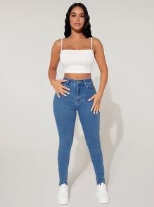 SHEIN PETITE 高腰緊身牛仔褲 - 中等水洗藍 - 查看 3