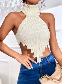 SHEIN SXY Áo dệt kim nữ Bất đối xứng Lộ Lưng màu trơn Gợi cảm - Màu be - Xem 3