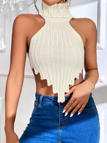 SHEIN SXY Áo dệt kim nữ Bất đối xứng Lộ Lưng màu trơn Gợi cảm - Màu be - Xem 4