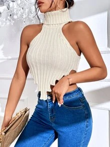 SHEIN SXY Áo dệt kim nữ Bất đối xứng Lộ Lưng màu trơn Gợi cảm - Màu be - Xem 5