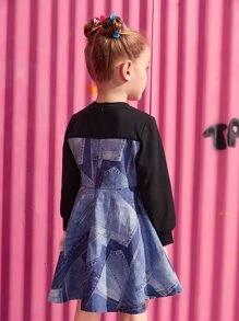 SHEIN Toddler Girls Pocket Print Colourblock Zip Back Dress - Multicolor - View 2