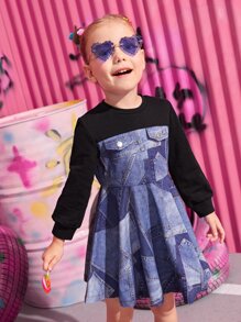 SHEIN Toddler Girls Pocket Print Colourblock Zip Back Dress - Multicolor - View 3