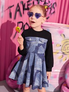 SHEIN Toddler Girls Pocket Print Colourblock Zip Back Dress - Multicolor - View 4