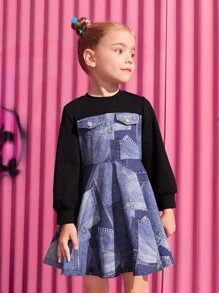 SHEIN Toddler Girls Pocket Print Colourblock Zip Back Dress - Multicolor - View 6