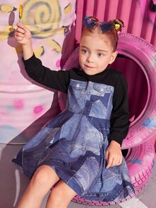 SHEIN Toddler Girls Pocket Print Colourblock Zip Back Dress - Multicolor - View 7