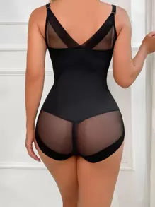 網紗拼接連體緊身衣不附胸罩 - 黑色 - 查看 2