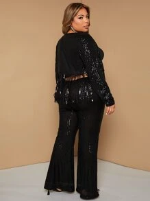 SHEIN SXY Plus Fringe Trim Sequin Jacket - Black - View 2