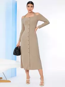 Seusyu Vestido unicolor con botón delantero tejido de canalé - Caqui - Ver 1