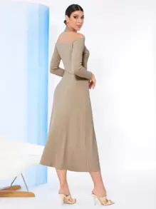 Seusyu Vestido unicolor con botón delantero tejido de canalé - Caqui - Ver 2