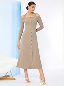 Seusyu Vestido unicolor con botón delantero tejido de canalé - Caqui - Ver 3