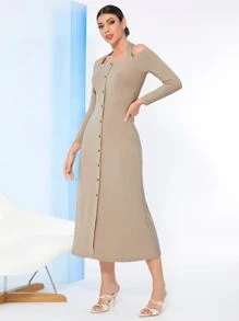 Seusyu Vestido unicolor con botón delantero tejido de canalé - Caqui - Ver 4
