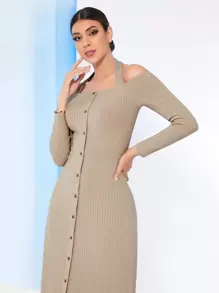 Seusyu Vestido unicolor con botón delantero tejido de canalé - Caqui - Ver 5