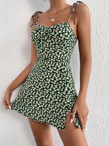 SHEIN PETITE Ditsy Floral Ruched Tie Shoulder Split Hem Cami Dress - Multicolor - View 4
