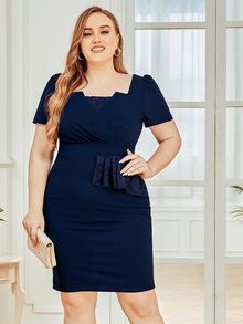 CurvySweet Đầm Plus Size Tương phản ren màu trơn Thanh lịch - Màu xanh hải quân - Xem 5