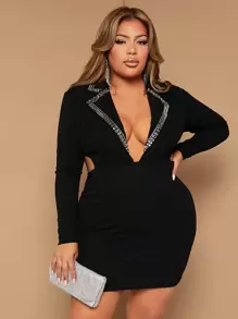 SHEIN SXY Plus Plunge Neck Rhinestone Detail Cut Out Side Bodycon Dress - Black - View 1