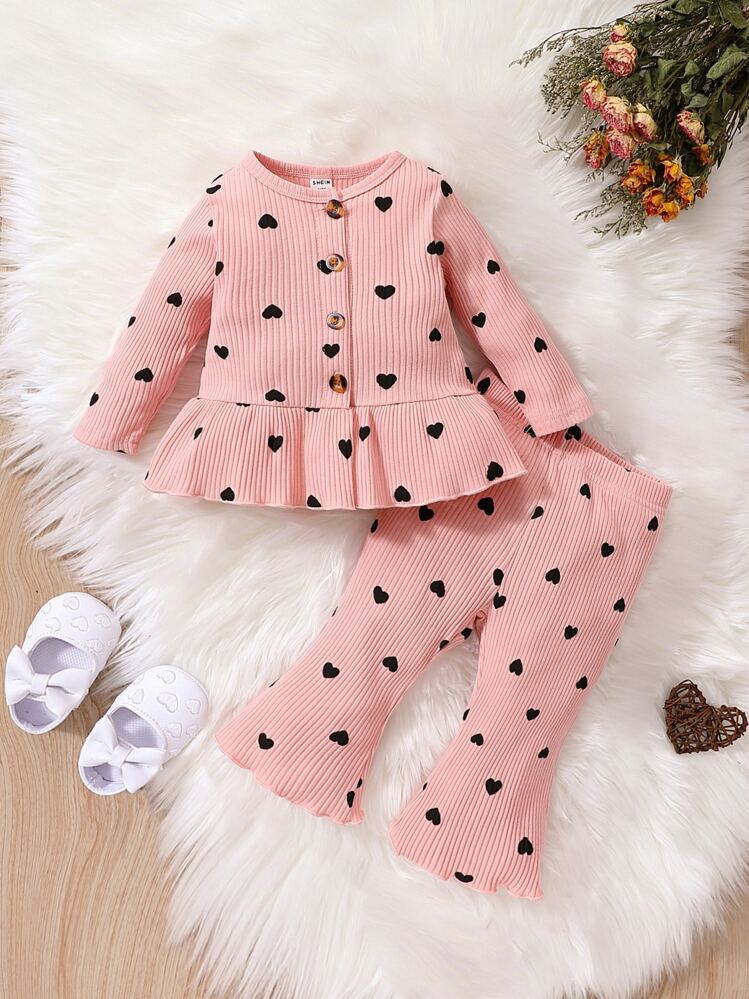 SHEIN ベビー ハートプリント ペプラム裾 Tシャツ & フレアレッグパンツ - ダスティピンク - 見る 1