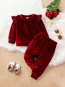 SHEIN Playful Pals Baby Ruffle Trim Sweatshirt & Joggers - Burgundy - View 1
