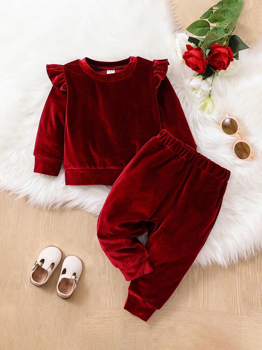 SHEIN Playful Pals Baby Ruffle Trim Sweatshirt & Joggers - Burgundy - View 1