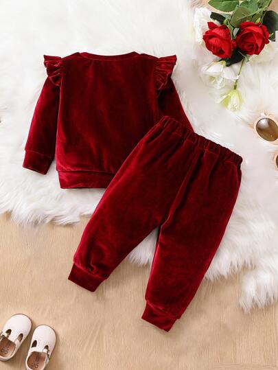 SHEIN Playful Pals 女婴休闲纯色上衣和裤子套装，秋冬