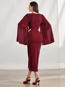 Modelyn Burgundy Red Surplice Neck Split Sleeve Glitter Dress Maxi Women Outfit - Burgundy - View 2